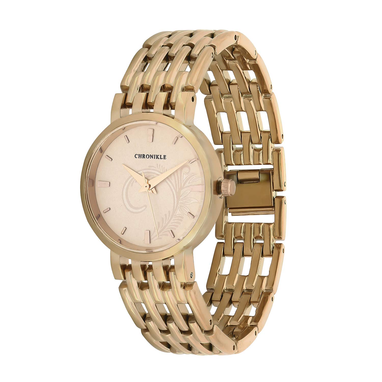 CHRONIKLE Unique Womens Metal Chain Wrist Watch with Designer Dial (Dial Color: Golden | Band Color: Rose Gold) (B07M7VWCHS) Amazon Price History, Amazon Price Tracker