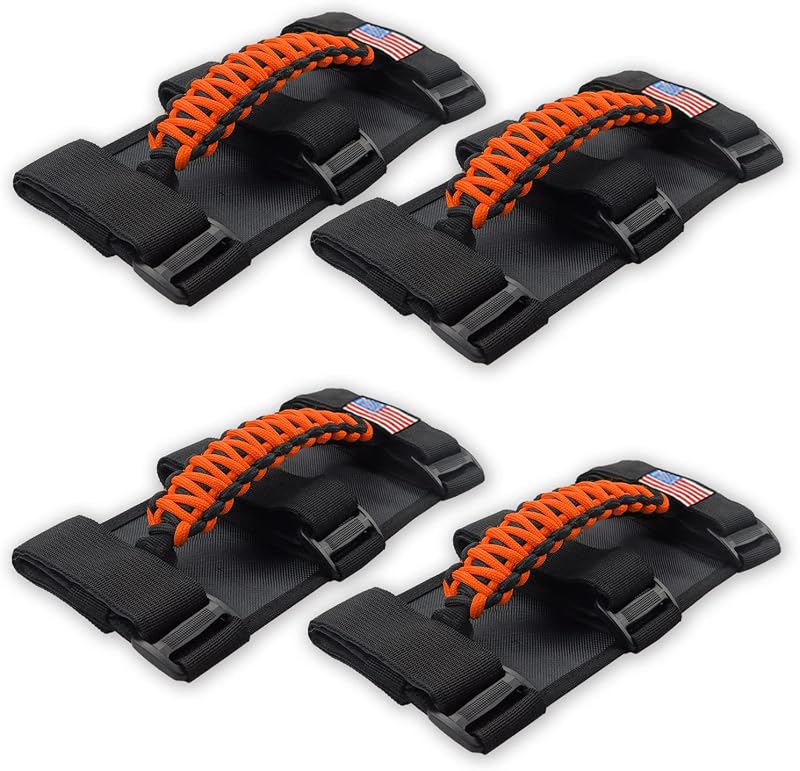 Alças de apoio para barra anticapotamento KOHUIPU com paracord e bandeira dos EUA para Jeep Wrangler e Gladiator, laranja – Kit com 4