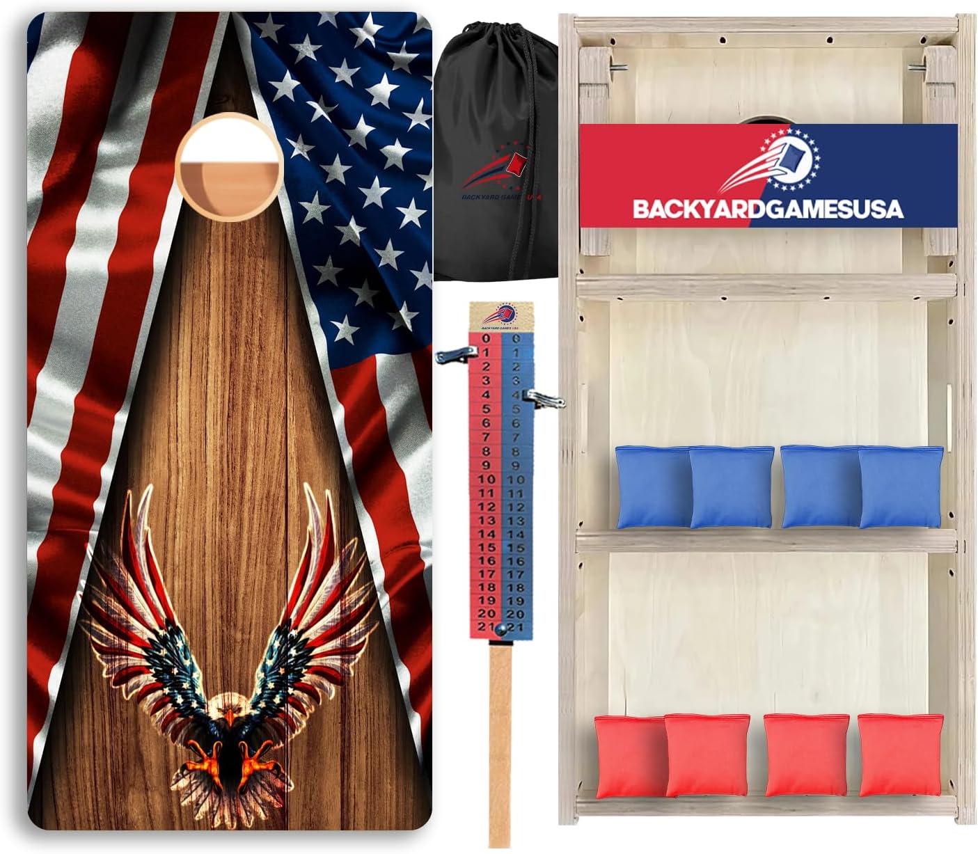 CornholeGamesUSA Pro Cornhole Boards Set | Made in USA | 3/4 Baltic Birch | No Bounce | Triple Thick Legs | Two Brace & Handles, Tournament 2x4 Regulation Set with Score Tower & Cornhole Bags