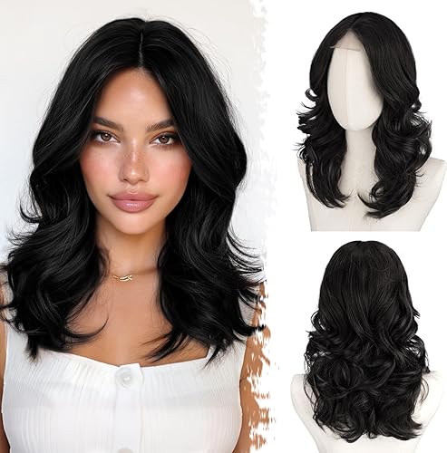 BARSDAR Short Wavy Layered Black Wig - Shoulder Length Wavy