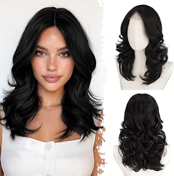 BARSDAR Short Wavy Layered Black Wig - Shoulder Length Wavy Black Wigs for Women - Short Loose Wave Textured Layered Bob Wig with Face-Framing Curtain Bangs Soft Synthetic Natural Looking Daily Party