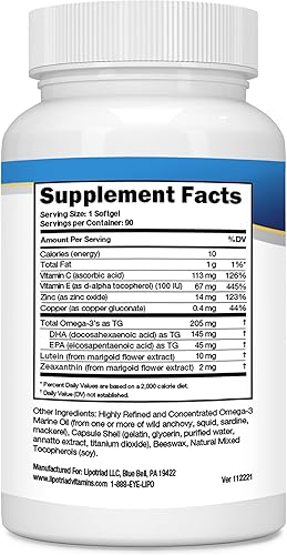 Miniatura 5 de Lipotriad Suplemento de vitaminas y minerales para los ojos  90 cápsulas blandas, suministro de 3 meses  Suplemento con luteína, zeaxantina y Omega