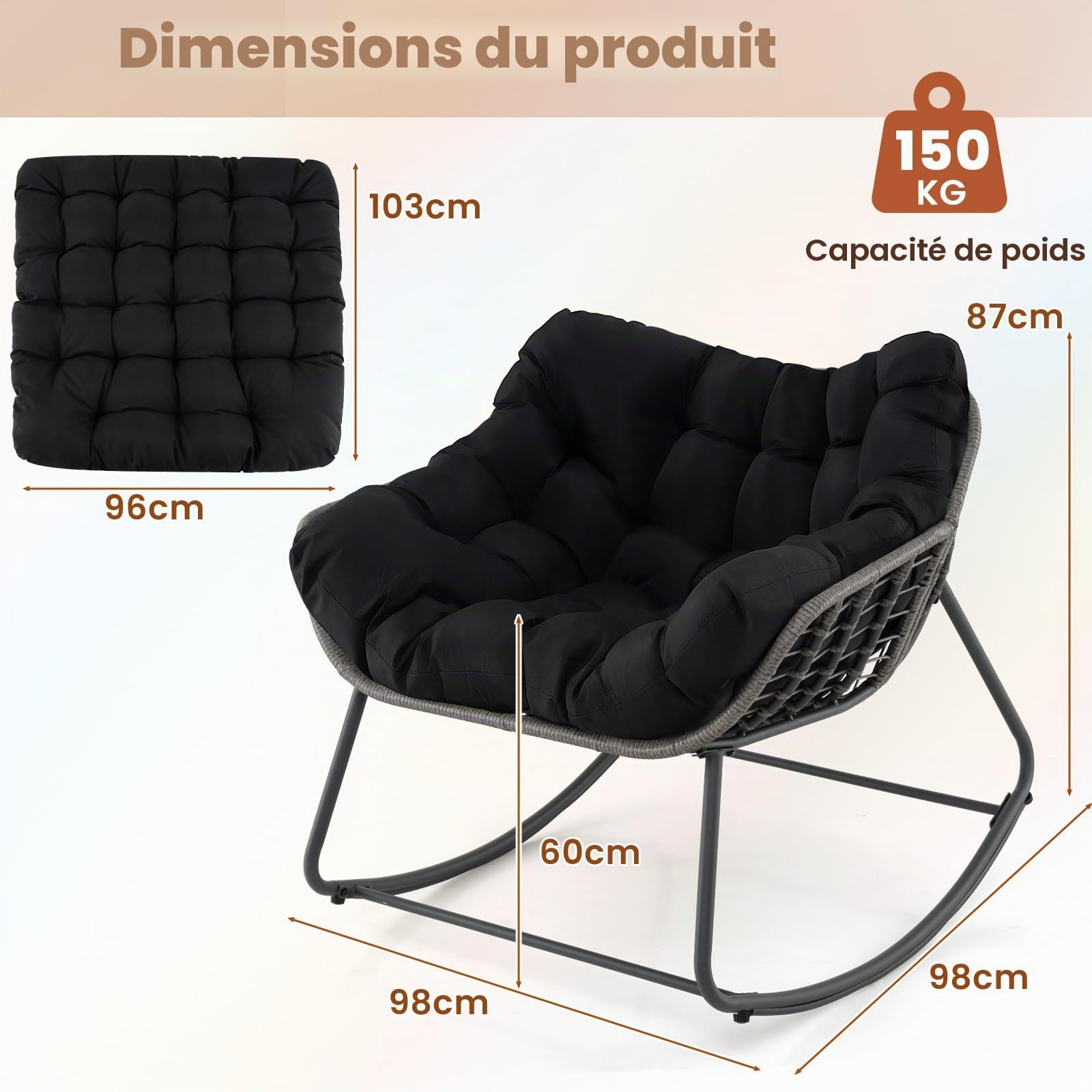 GIANTEX Chaise a Bascule, Coussin Doux Amovible, Assise en Rotin PE, Fauteuil a Bascule Large et Enveloppant, Structure en Métal, Rocking Chair pour Salon, Bureau, Balcon, Charge 150 kg, Noir