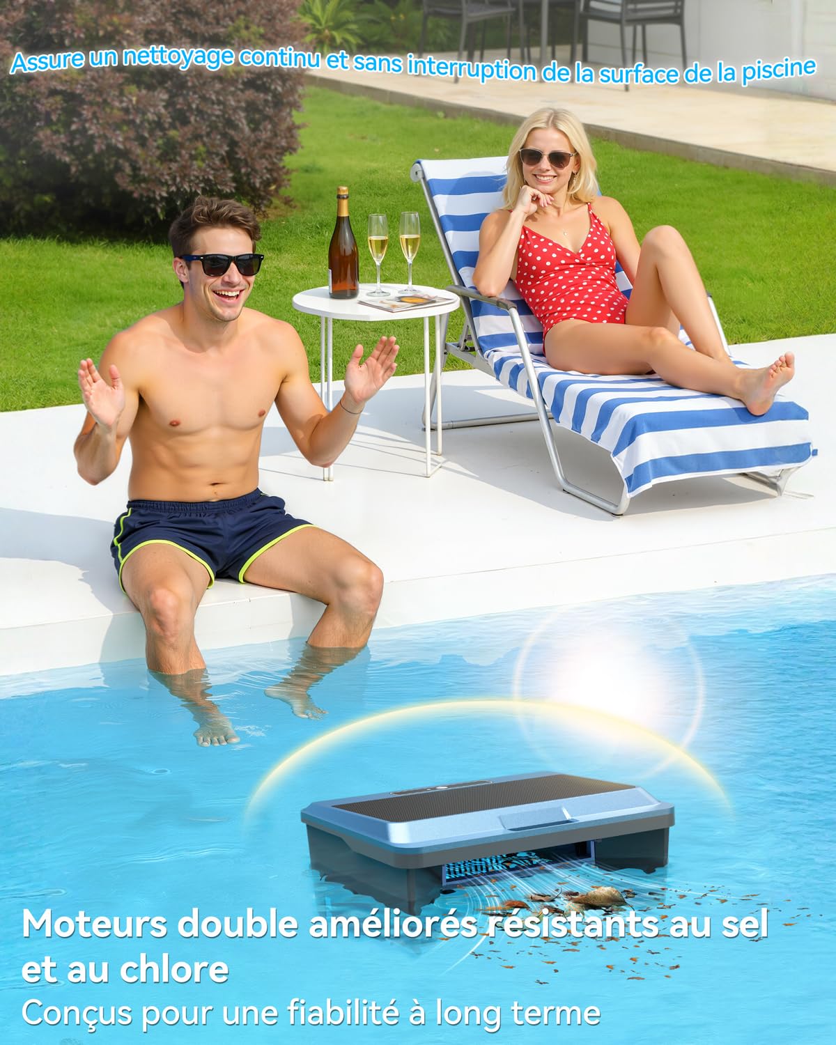 WAVIO (2026 Upgrade) F1T Robot Skimmer Solaire de Piscine, Contrôle Via App, Double Options de Recharge, Anti-Obstacle Intelligent, Nettoyage Automatique 24/7, Idéal pour Piscine Hors Sol, Bleu