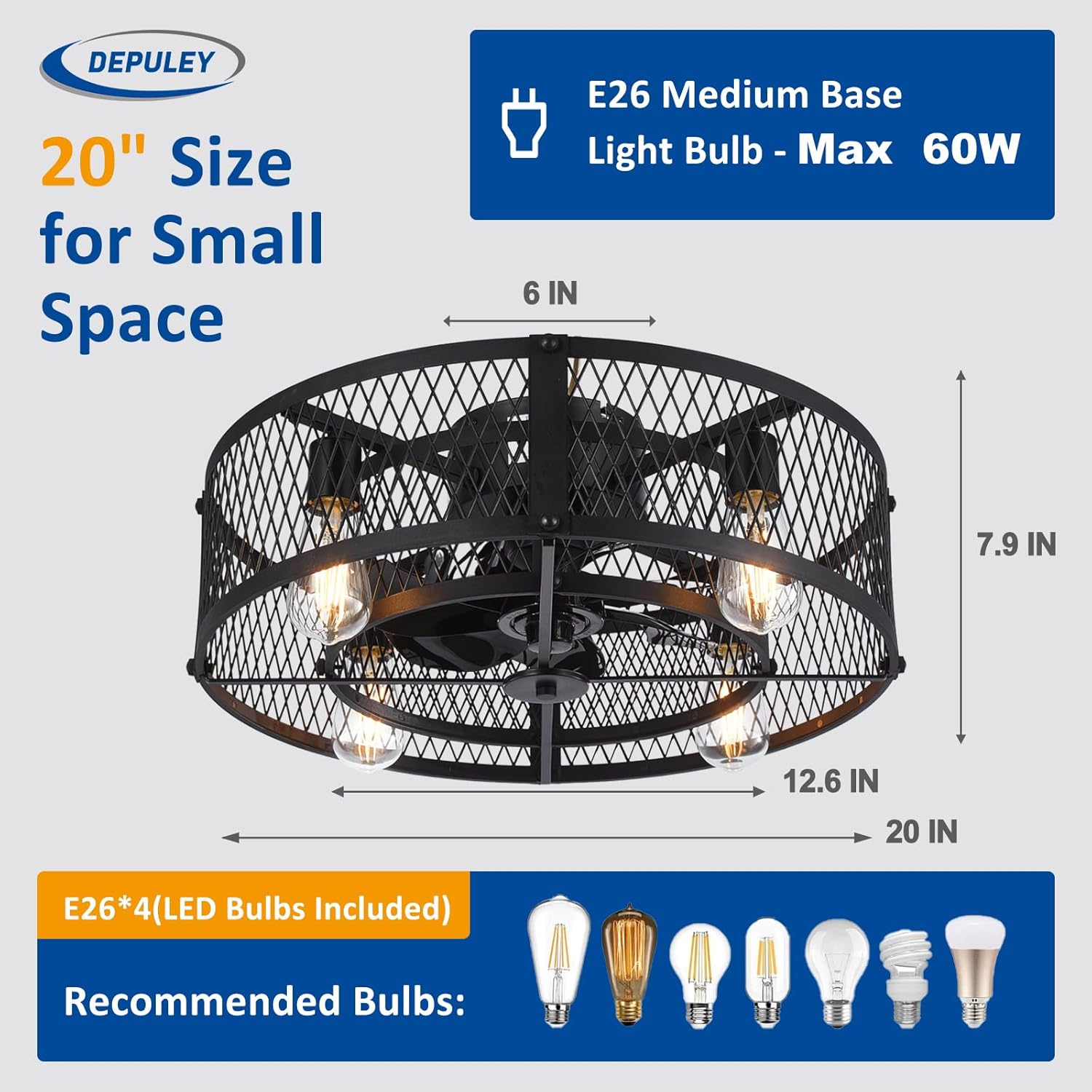 Depuley Flush Mount Ceiling Fan: 20" Caged Ceiling Fans with Lights and Remote App Control for Kitchen Bedroom Farmhouse - Rustic Low Profile Ceiling Fandelier Lights Reversible 6 Speed Timer Black