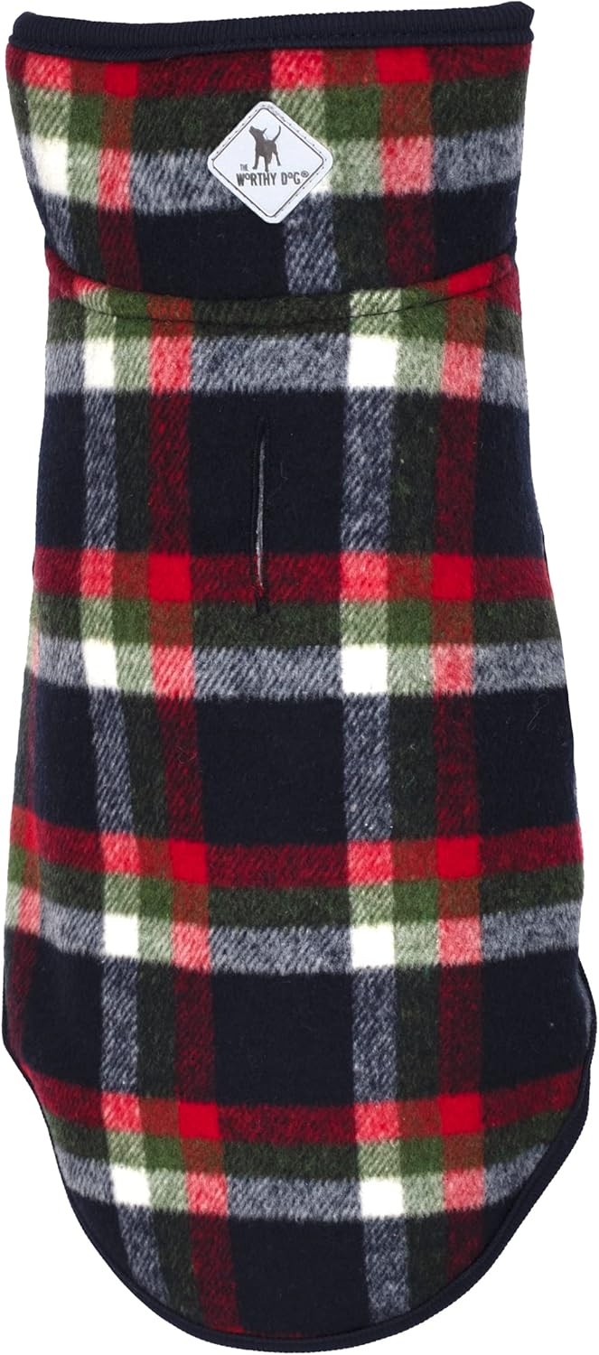 THE WORTHY DOG Alpine Plaid Dog Jacket – Wind-Resistant Winter Coat with Cozy Faux Shearling Lining, Adjustable Fit & Harness Hole – Machine Washable – Navy, Size 16