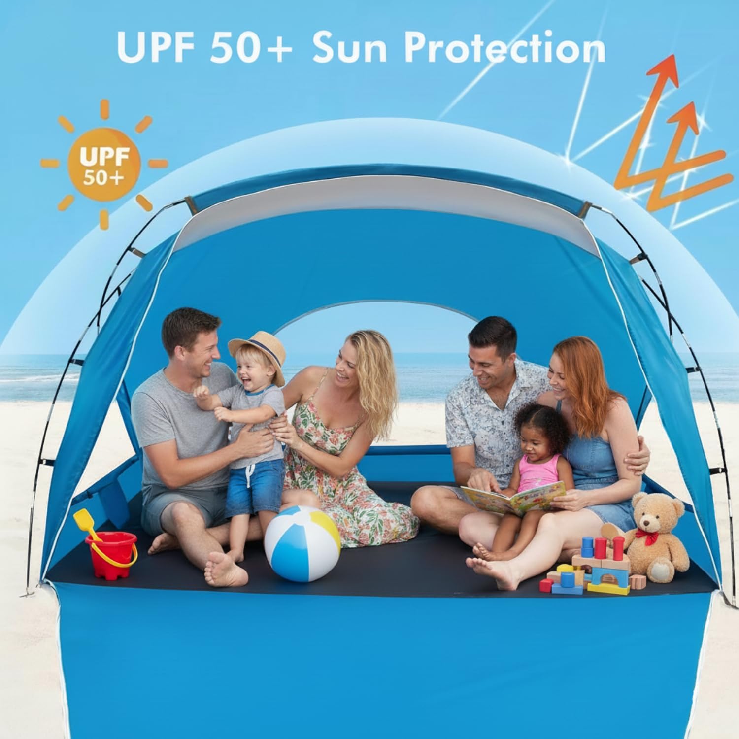 Beach Tent, Portable Sun Shelter for 2/3/4/6-8 Person with UPF 50+ UV Protection, Easy Setup Waterproof Beach Shade Canopy Cabana for Family Outdoor and Picnics, Fishing with Carrying Bag - Image 5