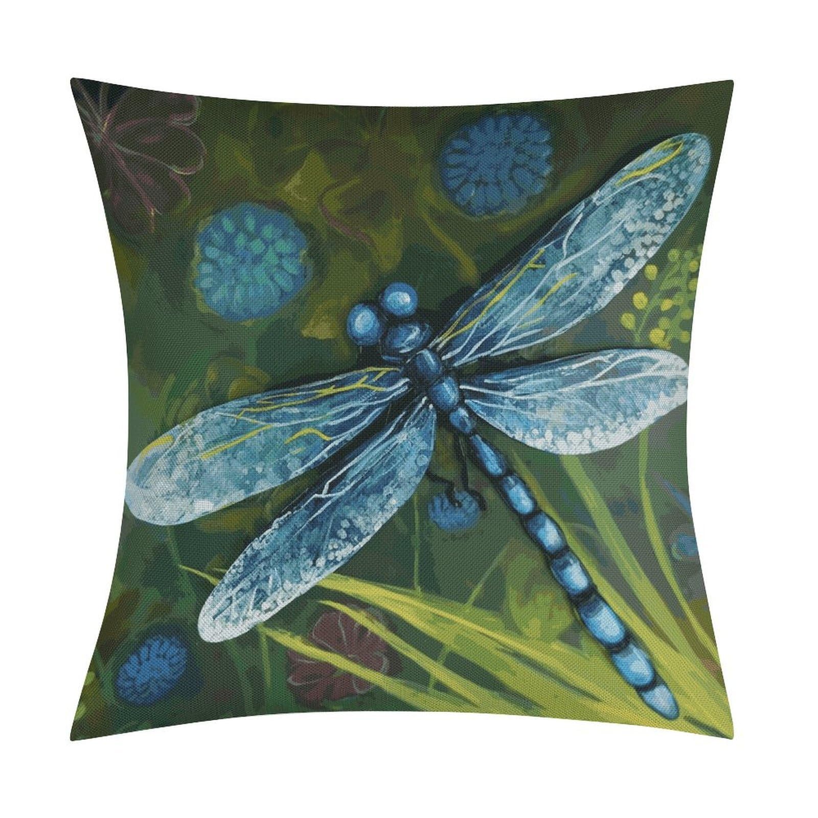JTREHY Hand Painted Blue Dragonfly Throw Pillow Covers Farmhouse Pillow Cover Standard Pillow Shams Decorative Square Pillowcases Soft Pillow Cases Wrinkle Fade Resistant for Couch Home 18x18 Inch
