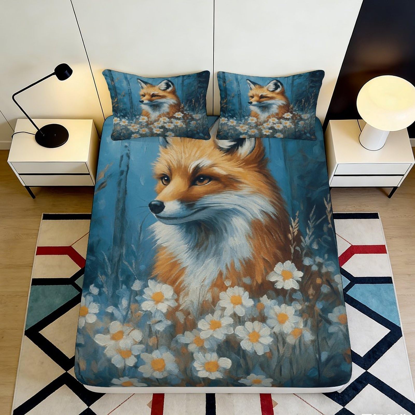 Pnayamiorkfel Style-9 3D Printed Fox Floral Fitted Sheet Microfiber Soft Anti-Slip Bed Cover For Bedroom Guest Room Decor Easy Care 90X200x25cm