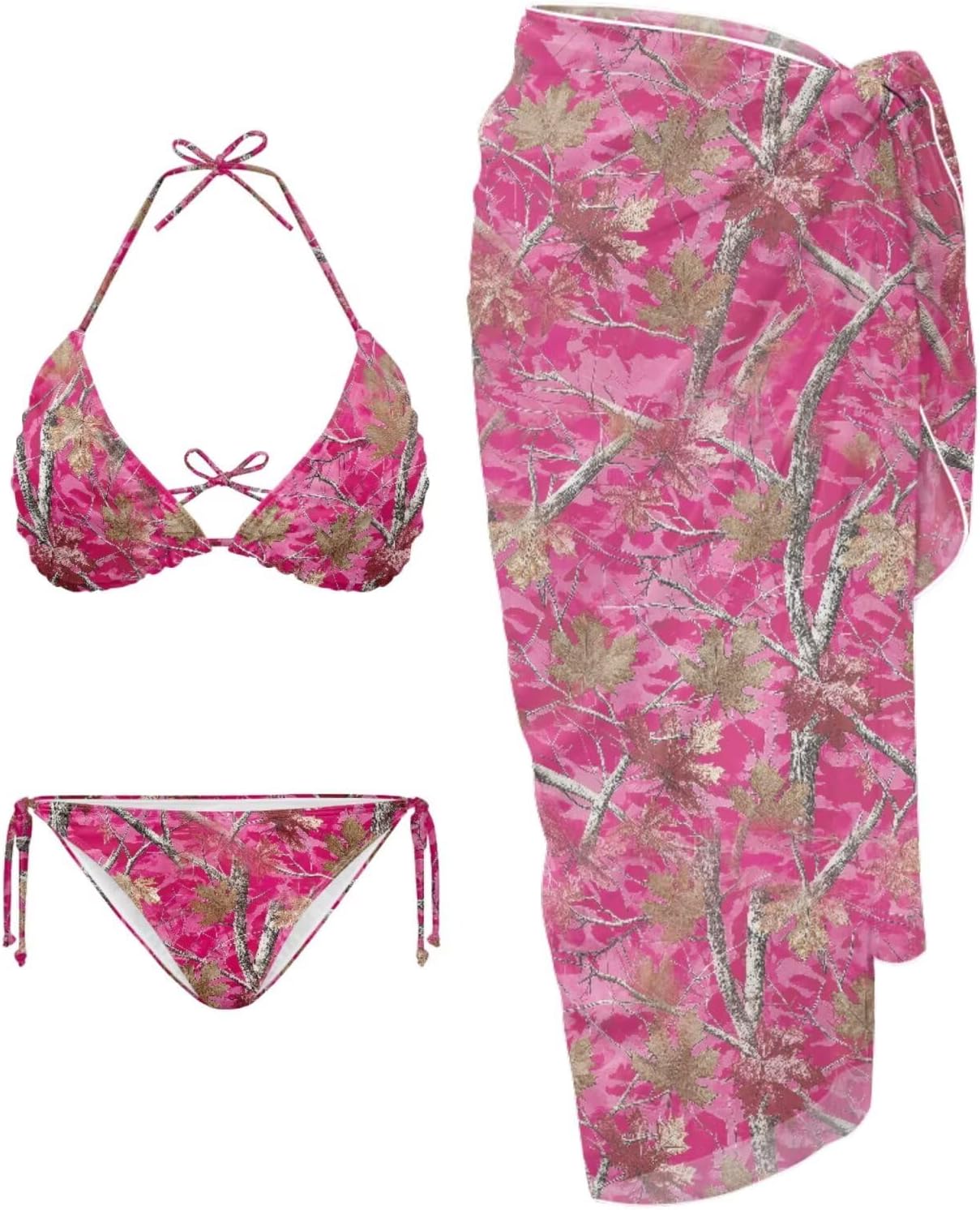 Xpyiqun 3 Piece Camo Swimsuits with Cover Up Bikini Sets for Women Halter Triangle Top and Tie Side Bottom Wrap Skirt