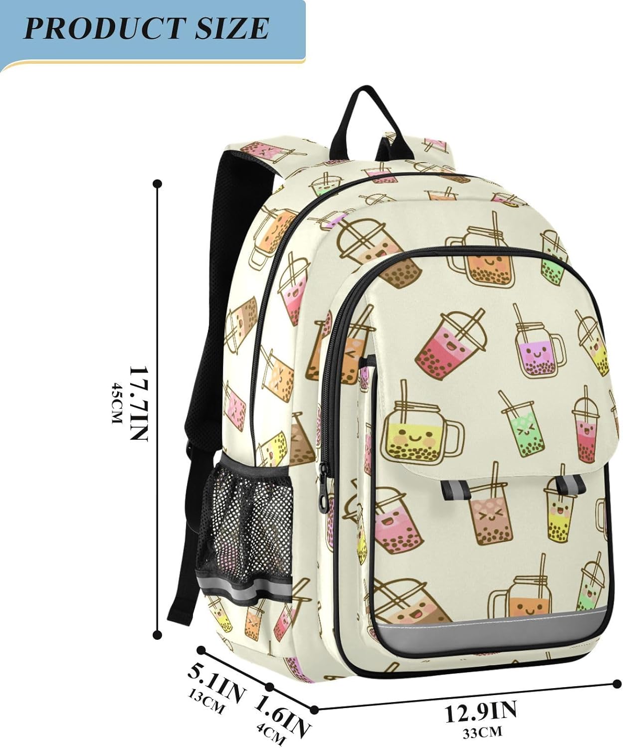 Bubble Milk Tea Funny Backpack Girls Boys Elementary School Bags Bookbags Laptop Backpack Travel Daypack Safe Reflective Stripes