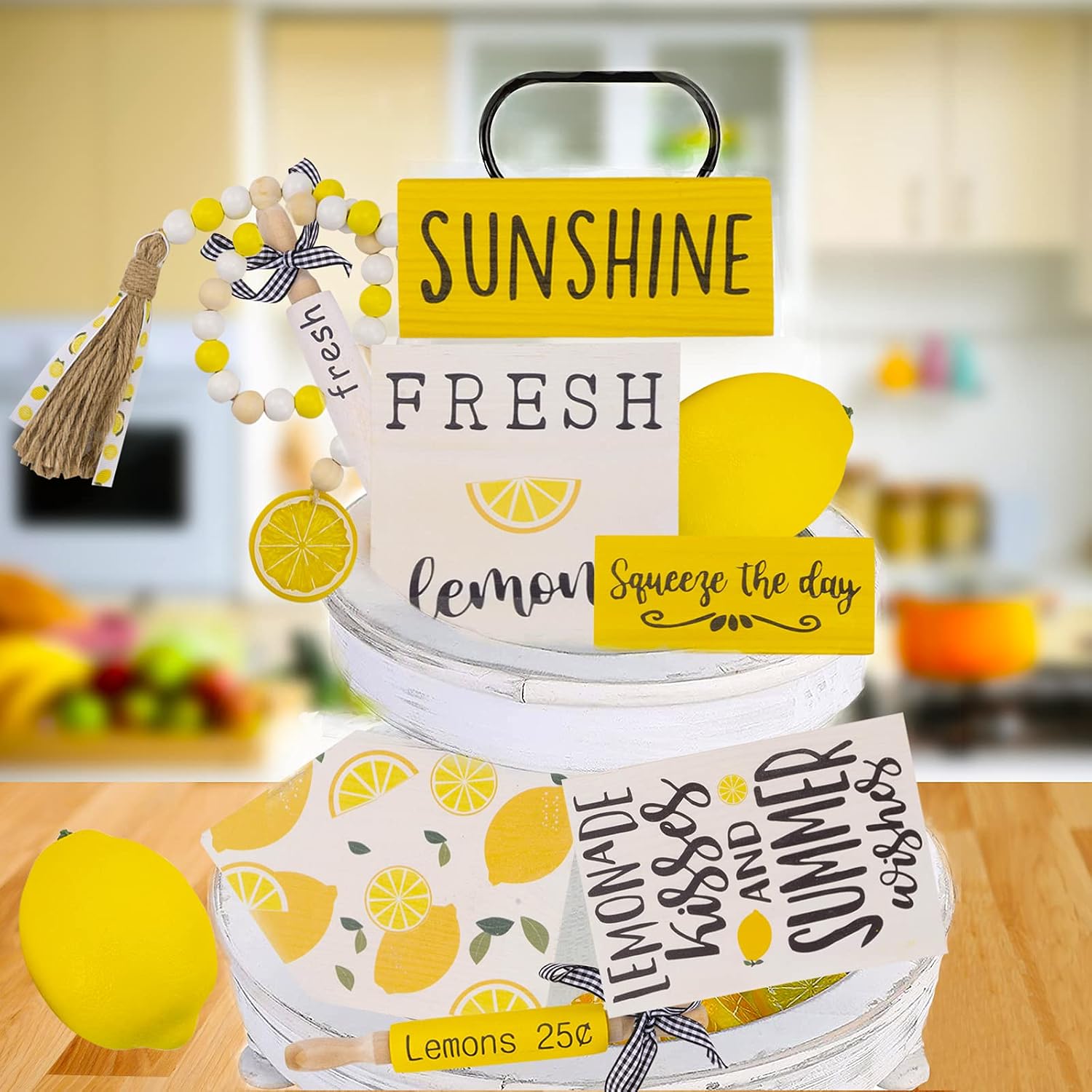 10PCS Lemon Tiered Tray Decor,Summer Tiered Tray Decor,Lemon Kitchen Decor Rusticl Farmhouse Wooden Signs,Lemon Rolling Pin,Lemon Bead Garland for Everyday Tier Tray Home Decor(Tray Not Included)