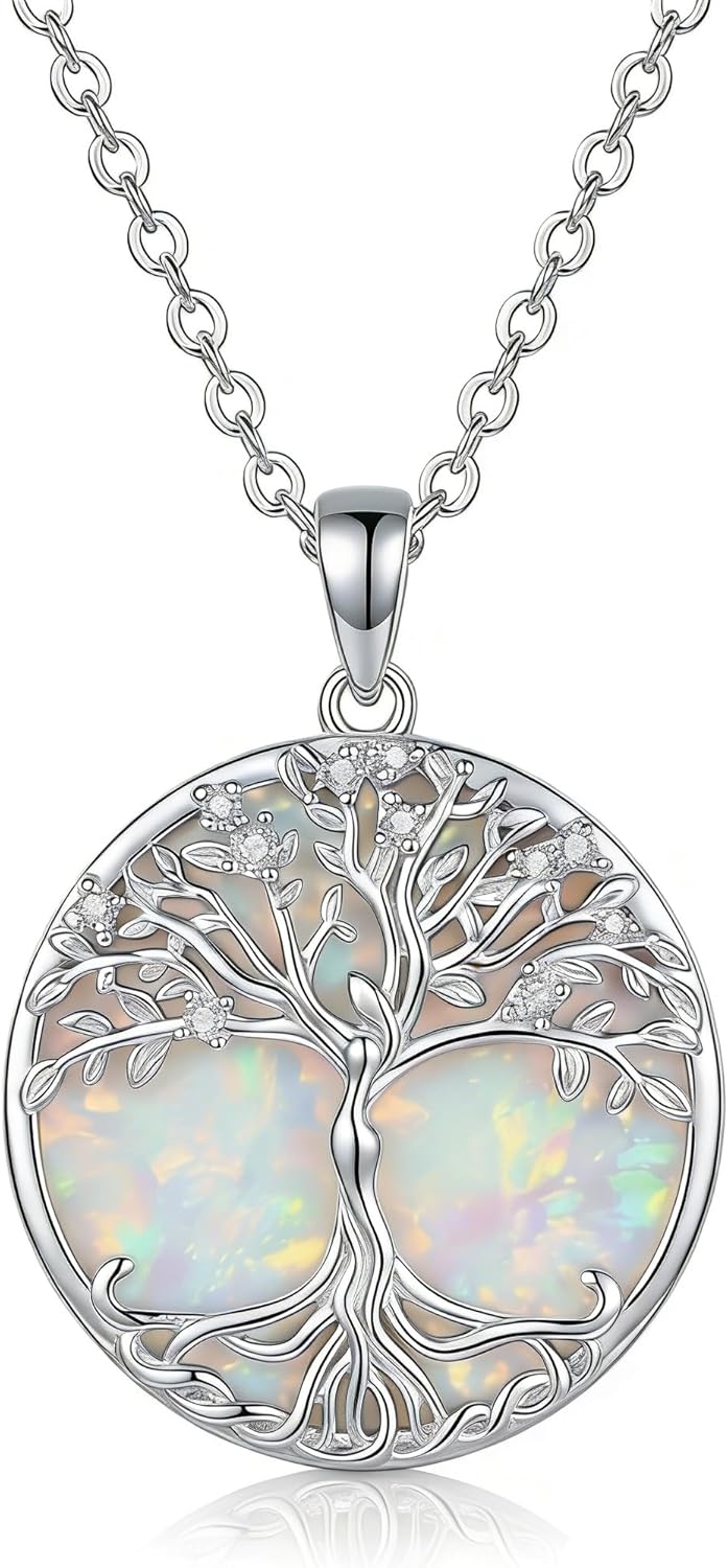 Tree of Life Necklace 18K White Gold Plated Opal Pendant Necklace Family Tree Jewelry gifts for Women Mom