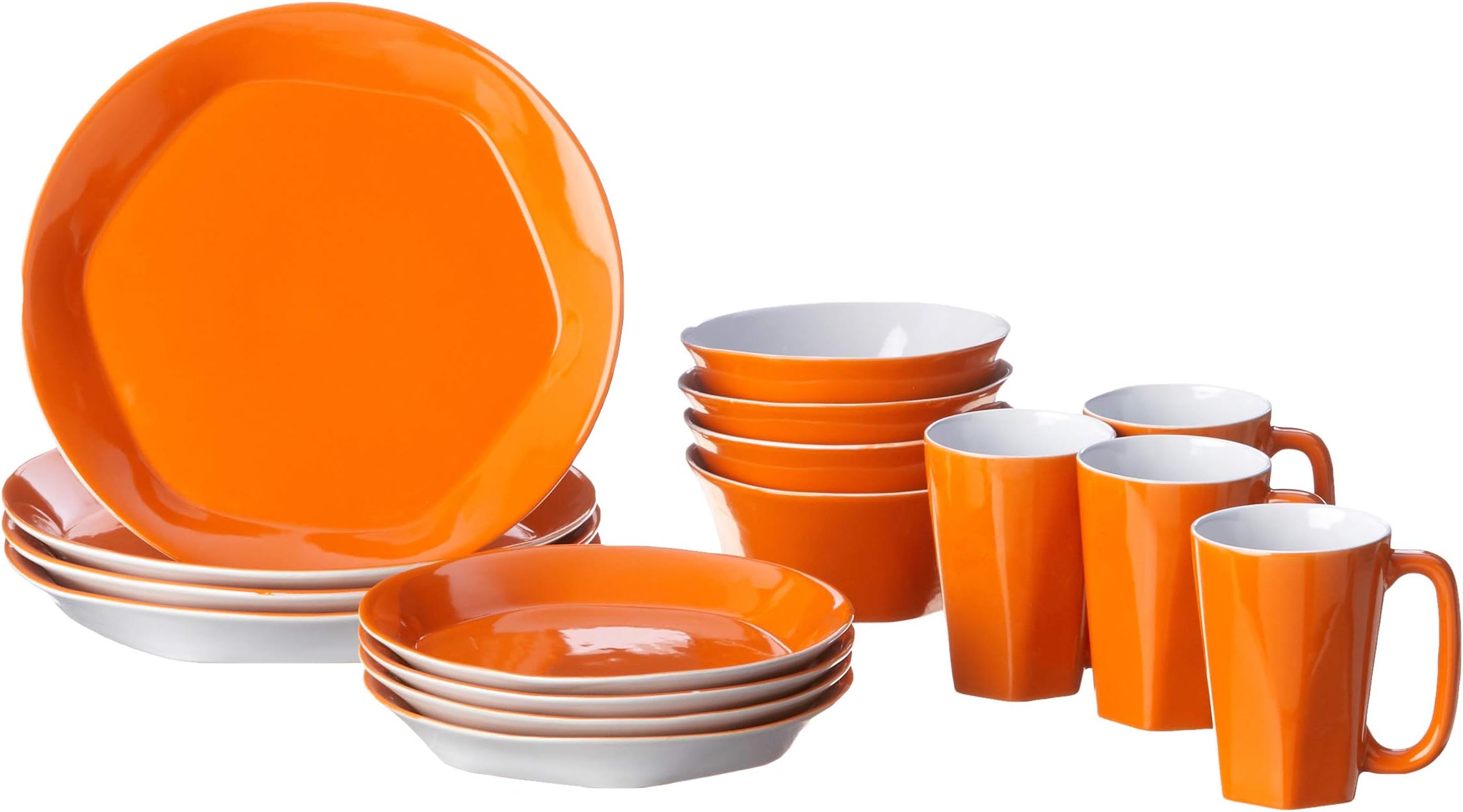 Glycon Hexagon in Round Stoneware 16-Piece Dinnerware Set, Tangerine, Service for 4