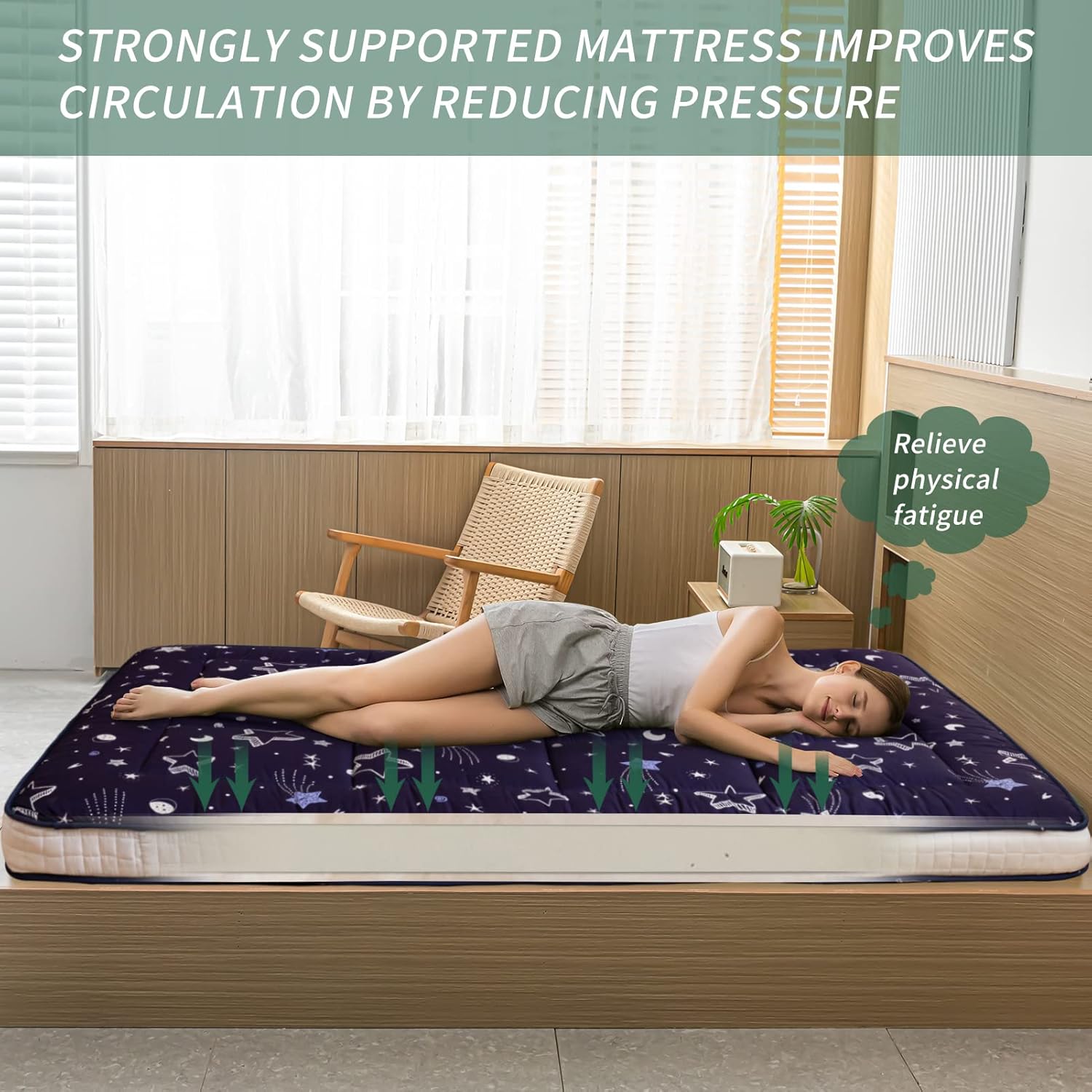MAXYOYO Navy Star Futon Mattress, Padded Japanese Floor Mattress Quilted Bed Mattress Topper, Extra Thick Folding Sleeping Pad Breathable Floor Lounger Guest Bed for Camping Couch, Queen