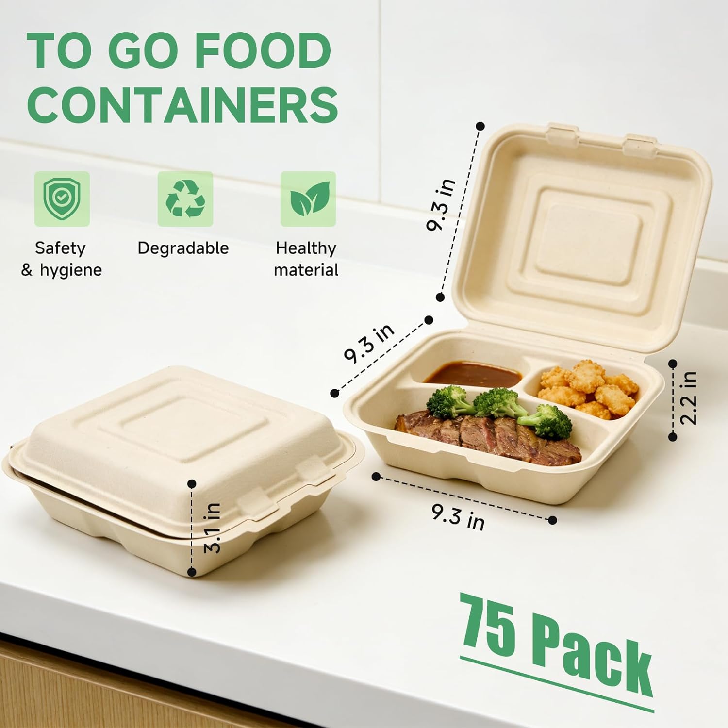 To Go Boxes - 50 Pack 3 Compartment Compostable Degradable in 90 days 9x9 Inch Takeout Lunch Box Containers To Go Take Out Clamshell for Food, Disposable Eco-Friendly Biodegradable Bamboo (Brown)