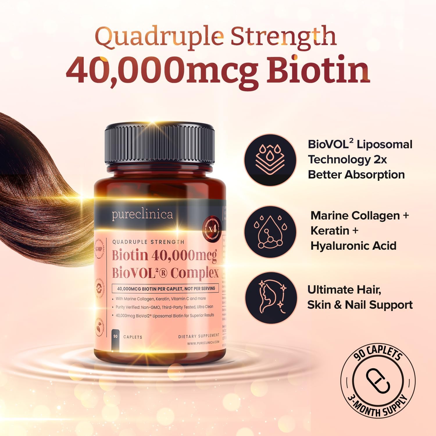pureclinica 400% Strength Biotin 40,000mcg x 90 Caplets – BioVOL²® Liposomal Biotin Complex | with Marine Collagen, Keratin, Vitamin C & More | 3 Months Supply
