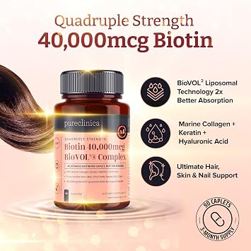 pureclinica 400% Strength Biotin 40,000mcg x 180 Caplets (2 Bottles of 90) BioVOL2 Liposomal Biotin Complex | with Marine Collagen, Keratin, Vitamin C & More | 6 Months Supply