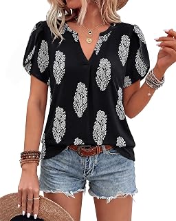 Bulotus Women Summer Tops Boho Short Sleeve Blouse Business Casual Tops Loose Fit Floral Tunic Beach Vacation Oufits