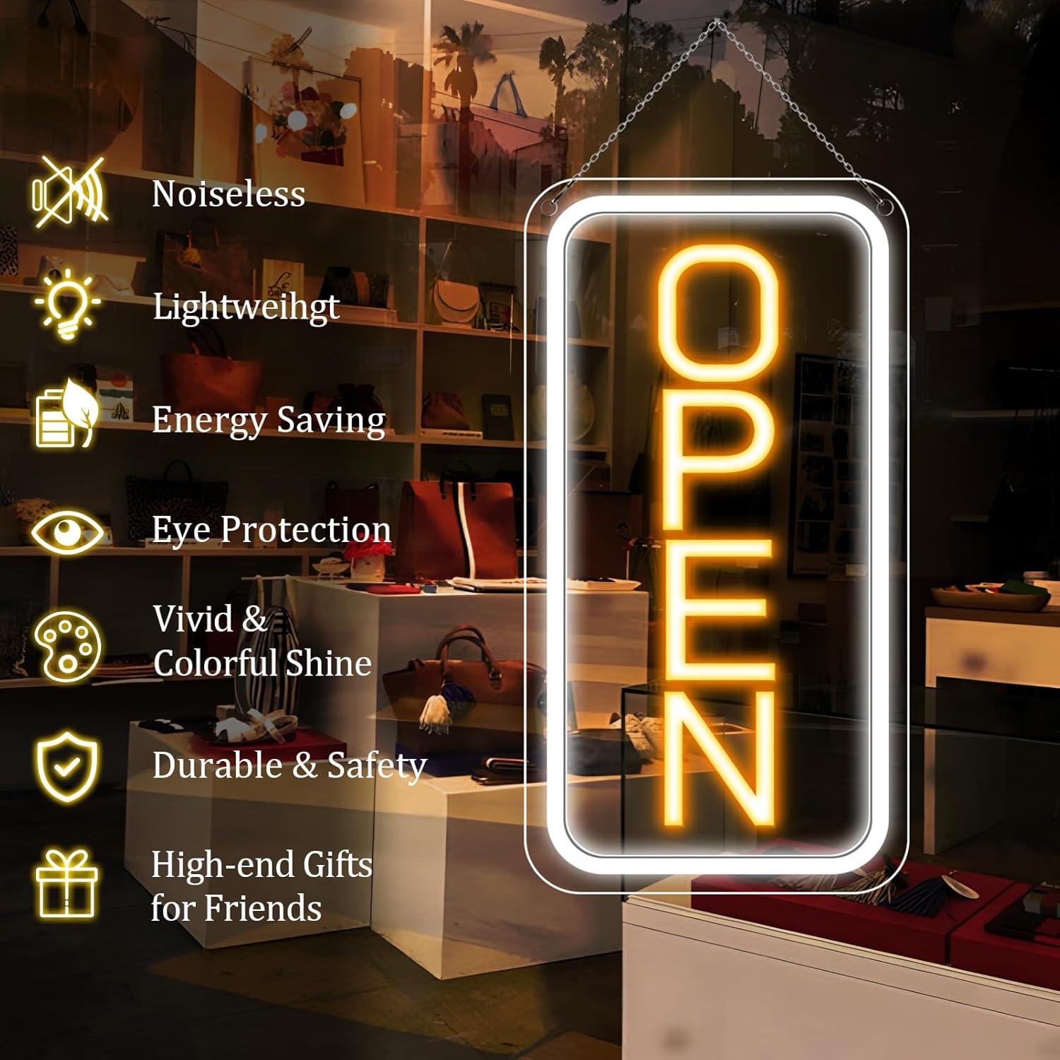 inShareplus 16"x 9" Super Bright Open Sign,12V LED Neon Open Signs for Business for Window, with ON/OFF Switch, Electric Light up Signs for Stores, Restaurants Retail Shops (Yellow-White-Vertical) - Image 4