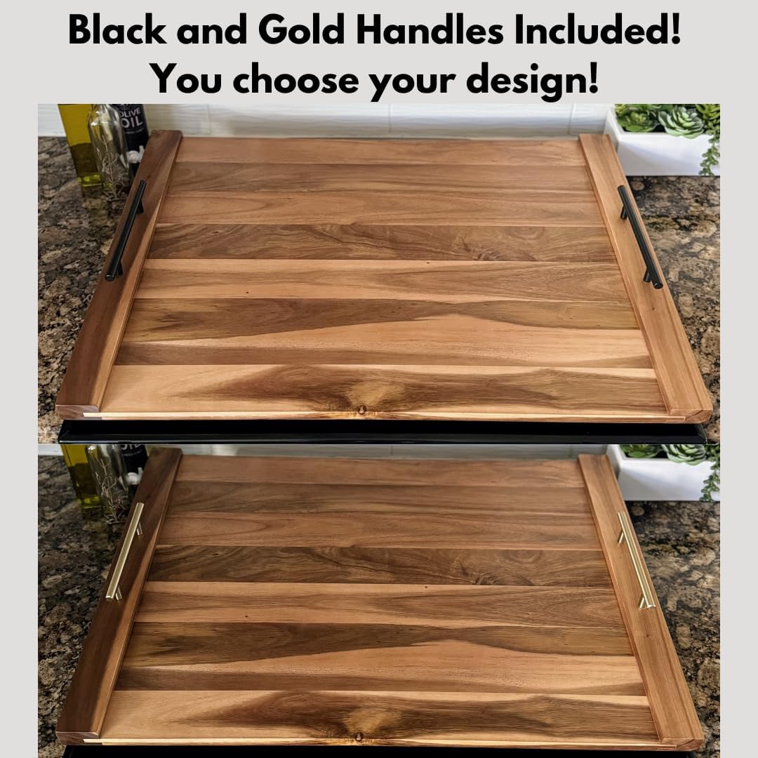 Noodle Board Stove Cover with Handles, Acacia Wood Stove Cover, Black and Gold Handles Included, 30.25"L x 21.75"W, Stove Top Covers for Gas Burners, Stove Top Covers for Electric Stove
