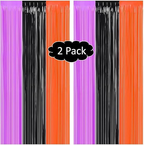 2 cortinas de flecos de papel de aluminio morado, negro y naranja, decoraciones de Halloween, telón de fondo de oropel para fiestas, cortinas de