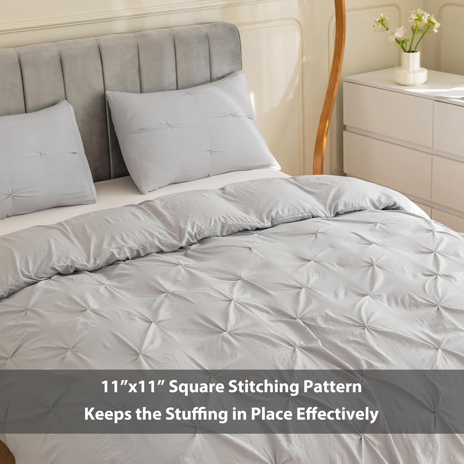 PY HOME & SPORTS 3 Pieces Bedding Duvet Cover Set, Pinch Pleated King Duvet Cover, Pintuck Comforter Quilt Cover with 2 Pillow Shams-Silver Gray