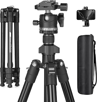 JOILCAN 66" Camera Tripod, Lightweight Travel Tripod with 360 Ball Head & Phone Holder, 22lbs Max Load for DSLR, Camera, Phone, Video & Photography Grey