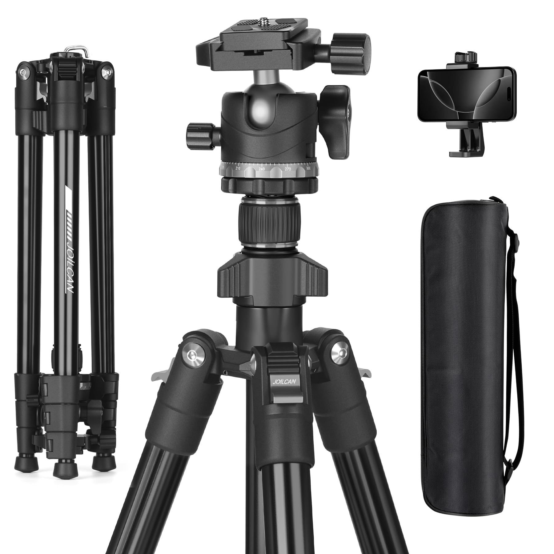 JOILCAN 66" Camera Tripod, Lightweight Travel Tripod with 360° Ball Head & Phone Holder, 22lbs Max Load for DSLR, Camera, Phone, Video & Photography (Grey)