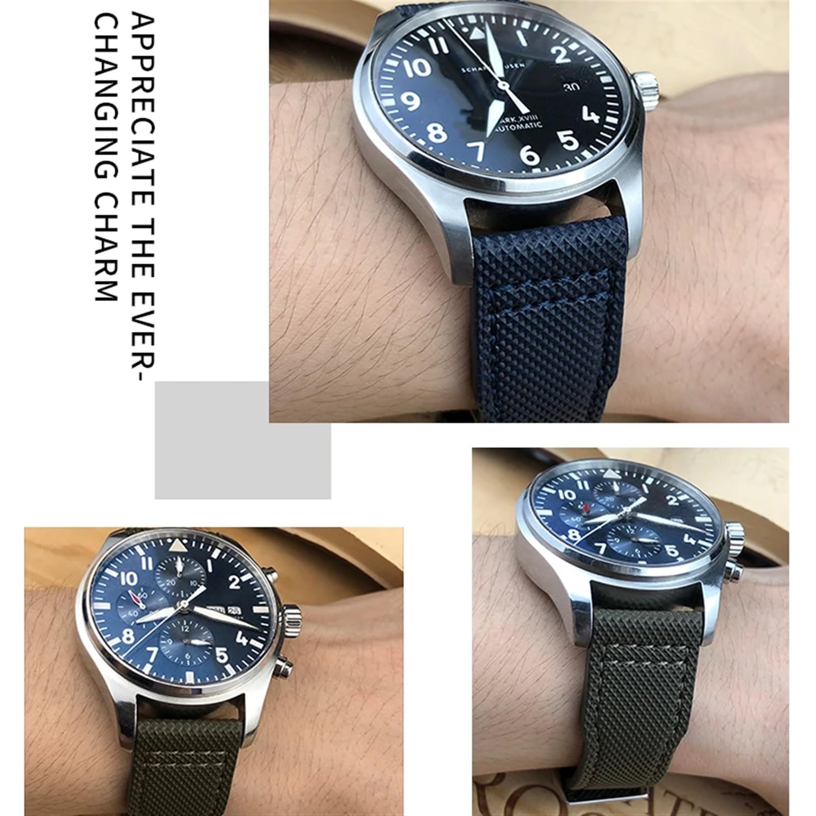 Correa de reloj de cuero genuino de 20mm 21m para relojes de piloto IWC PORTOFINO IW3777 correa de cuero de vaca verde azul negro de nailon