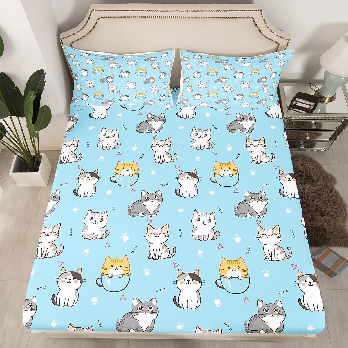 Kawaii Kitten Queen Fitted Sheet Cute Cat Sheets for Girls Boys Kids, Cartoon Animal Bed Sheets Lovely Kitten Bed Cover, Brown Pet Theme Bed Set Soft 3pcs with 2 Pillowcase (Deep Pocket)