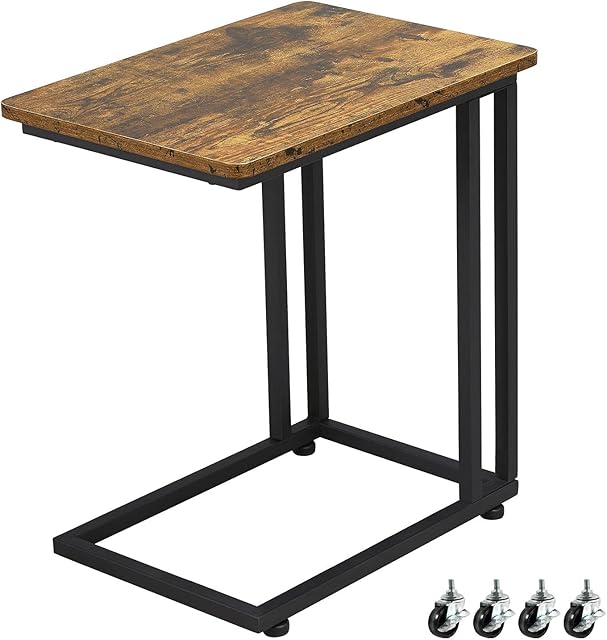 Yaheetech Side Table with Wheels, C Shaped Sofa Side Table with Sturdy Metal Frame for Small Space, Retro Snake End Table Bedside Table Movable Workstation, 50 x 35 x 59.5 cm, Rustic Brown
