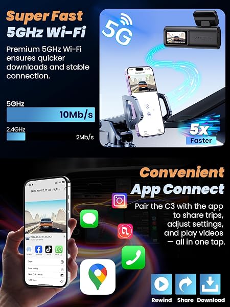 Dash Cam Front and Rear 4K+1080P, 5GHz WiFi, Dual Dashcam with 64GB Card, App Control, 1.47" IPS Screen, 24H Parking Mode, Night Vision, 170° Wide Angle, G-Sensor, WDR, Car Camera (C3) - 3