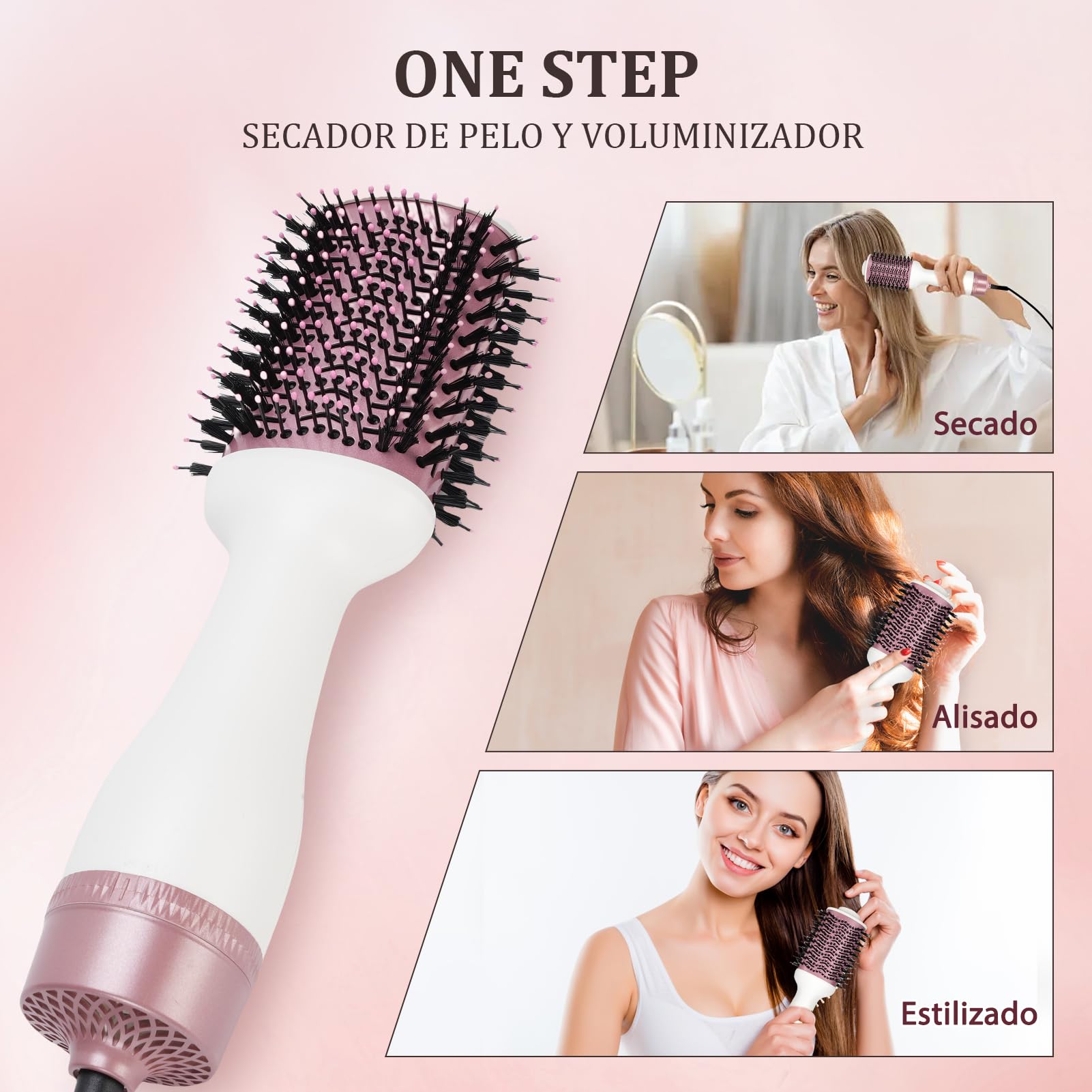Cepillo Secador Alisar Rizar con Iones Negativos 1200W | Cepillo secador de pelo con voltaje universal, cable trasero giratorio 360°, apto para cabello medio y largo