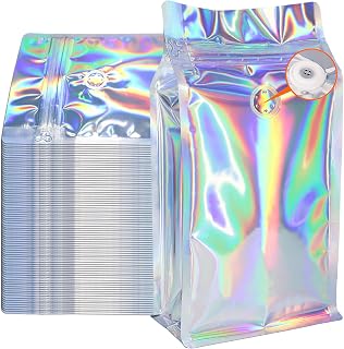 Coffee Bags with Valve (50 PCS,16oz/1lb) Holographic High Barrier Aluminum Foil Flat Bottom Standing Coffee Beans Storage Packaging Bags, Reusable Heat Seal Side Zipper Pouches for Small Business