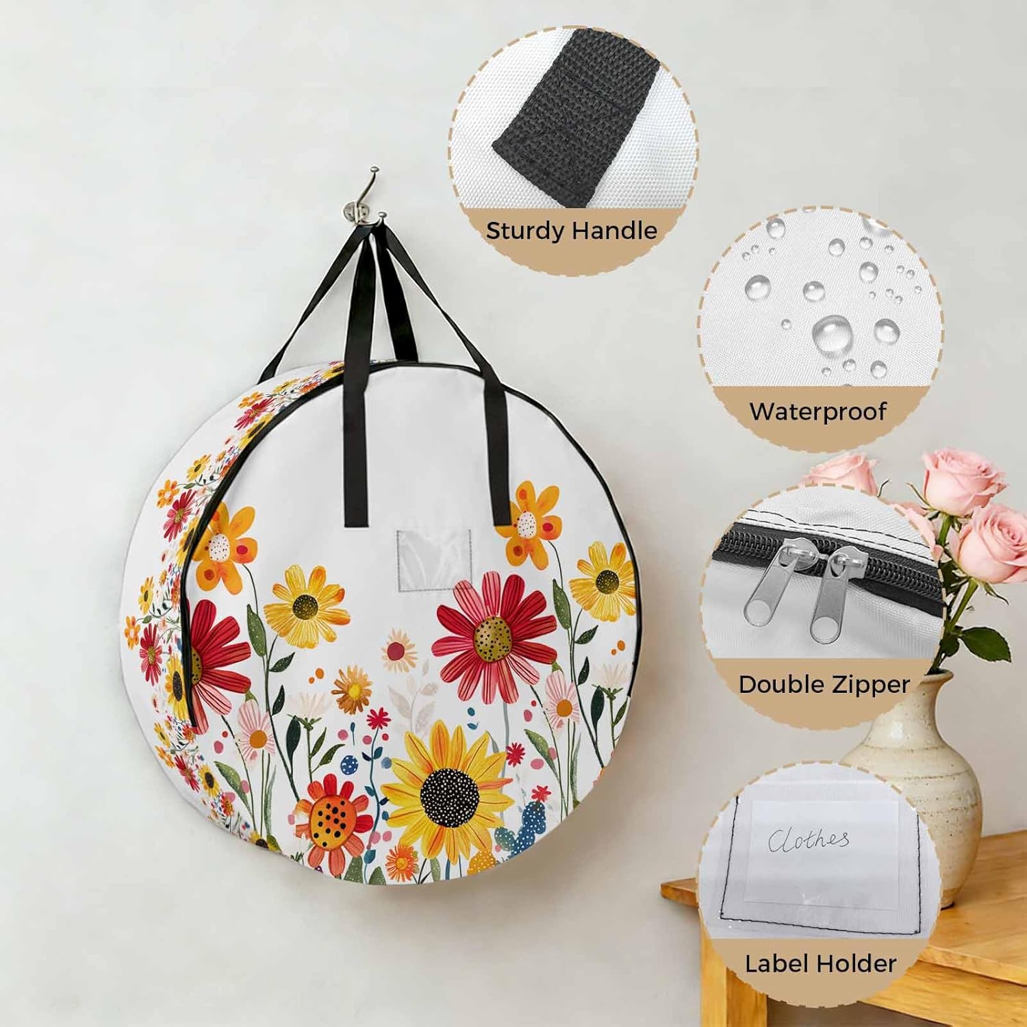 Spring Flower Floral Round Storage Bag 36 Inch, Red Yellow Daisy Rustic Plant Botanical Clothes Storage Container with Handles Heavy Duty Organizer for Comforter, Bedding & Holiday Wreaths