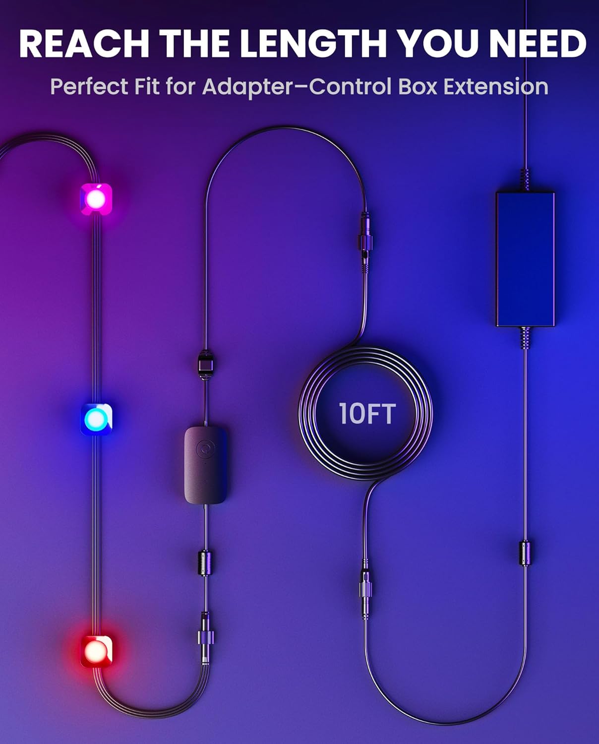 10FT DC Power Extension Cable 20AWG Compatible with Govee Permanent 2/Elite/Pro, FloodLight & Smart String Lights 2, Help to Connect with Power Adapter & Control Box, IP65 Waterproof, Black