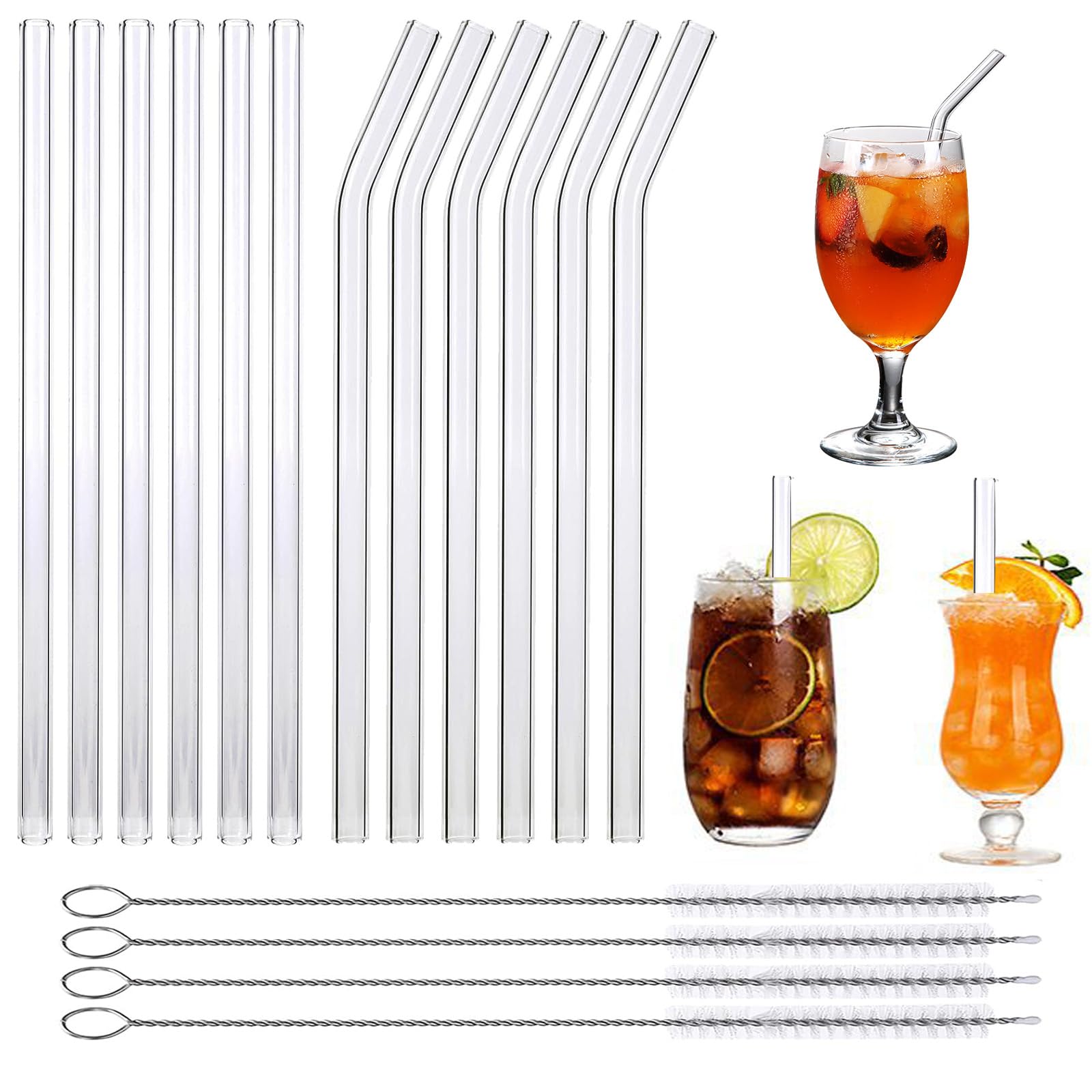 16 Packs Reusable Glass Straws Set, 21.5x10mm Clear Drinking Straws for Smoothies, Shakes, Coffee, Juice, Sodas, Milk, Tea, Cocktails, Set of 6 Straight and 6 Bent with 4 Cleaning Brushes