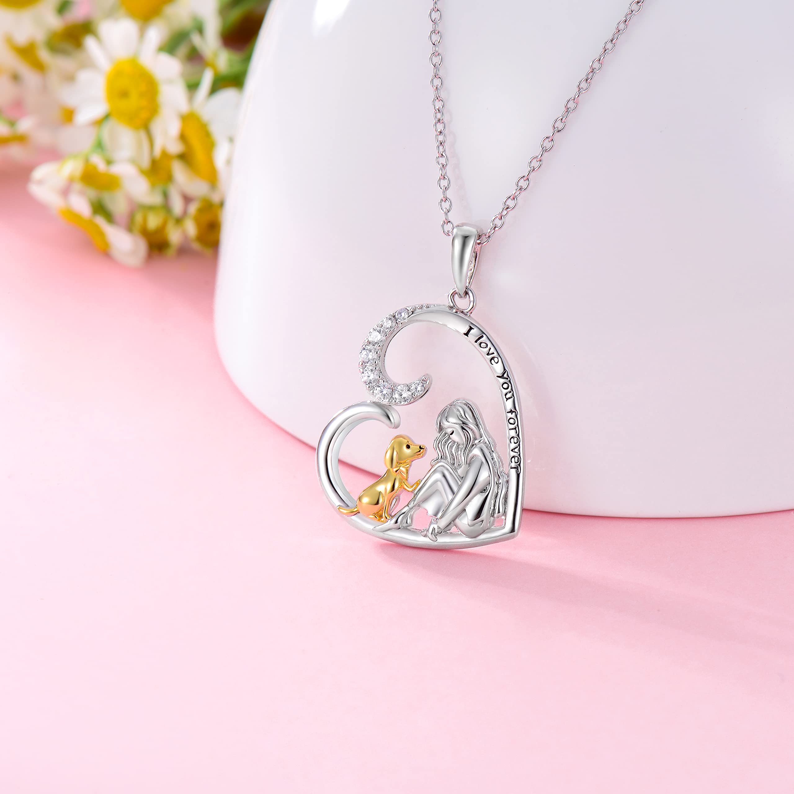 ROMANTICWORK Collana cane e bambina in argento 925 Collana con ciondolo a forma di cane a cuore d'amore Regali di gioielli per cani per le donne amanti dei cani figlia
