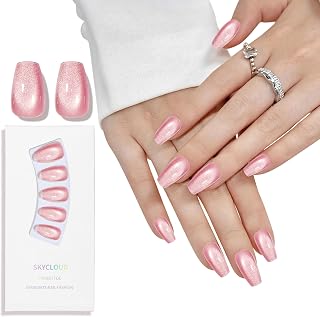 Skycloud Cat Eyes Press On Nails - 24 Pcs Soft Gel Rose Red Pink Medium Coffin Fake Nails Kit with Nail Glue, Natural Reusable Stick On False Nails for Women and Girls (SK0719)