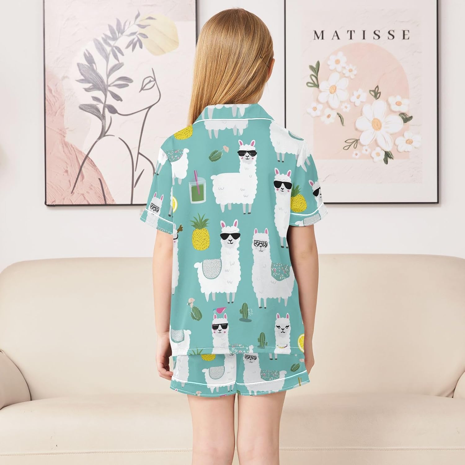 ZZXXB Llama Pineapple Kids Satin Short Sets Outfits Casual Button Down Short Sleeve Lounge Set S-XXL