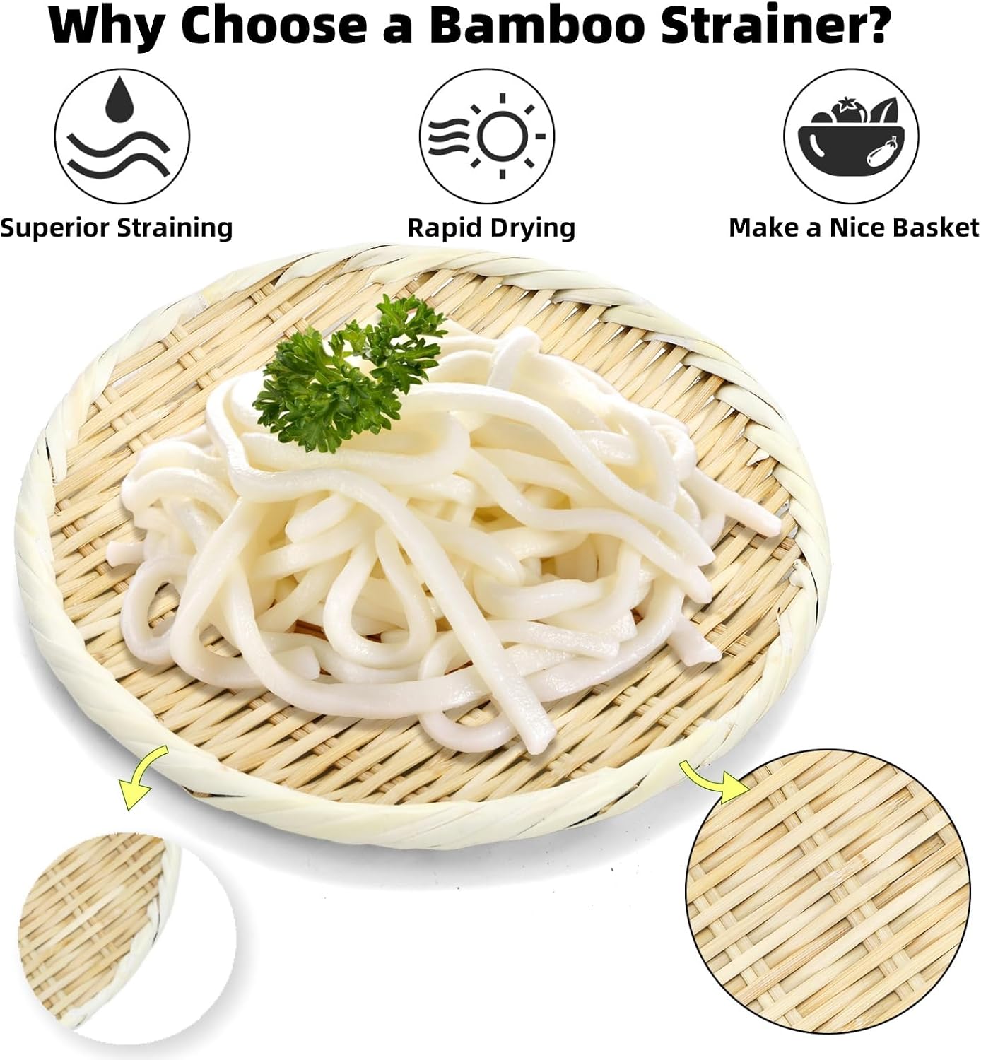 Bamboo Basket Colander, 8.3" Round Small Bamboo Sieve Washing Strainer, Hand Weave Plate Holder for Kitchen, Wicker Pantry Storage Tray for Fruit Vegetable Bread Snack Zaru