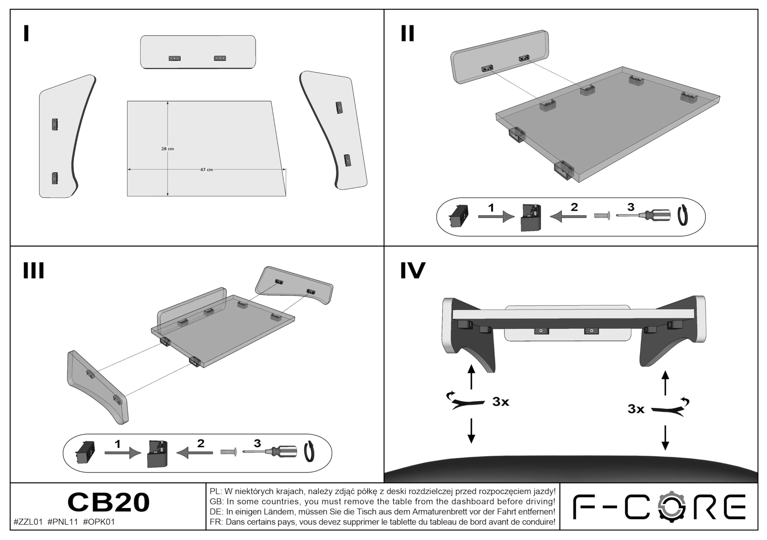 F-CORE Tische auf dem armaturenbrett Van für Citroen Jumper III 01.22- FIAT DUCATO III 01.22- Peugeot Boxer III 01.22- Mitte SCHWARZ
