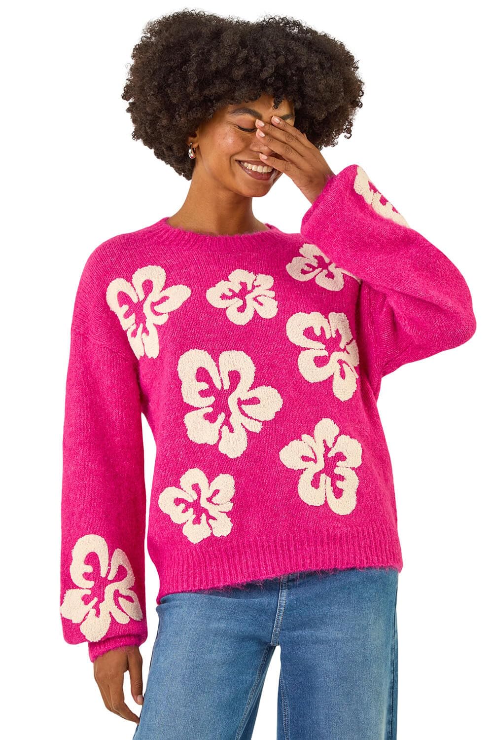 Roman Women's Pink Floral Crew Neck Knit Jumper