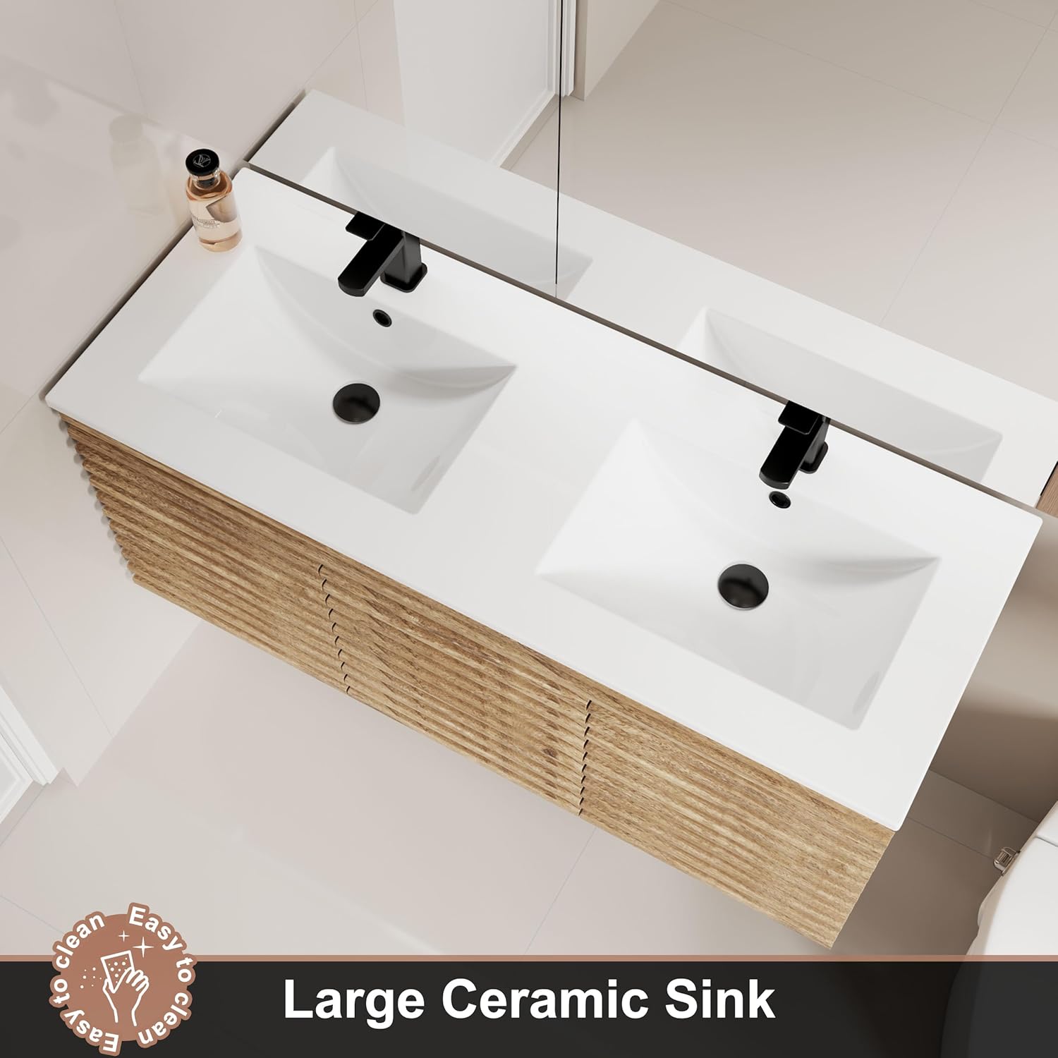 LUCKWIND 48" Floating Bathroom Vanity with Sink, Mid-Century Wall Mounted Big Drawer Cabinet with Sink, Water Saving Faucet and Wood Stripes Style, Oak