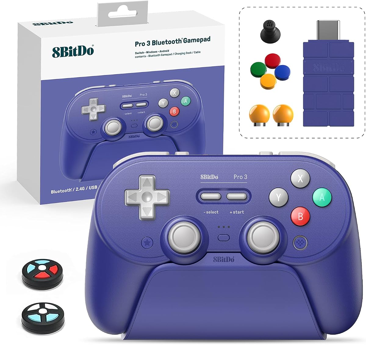 8Bitdo Pro 3 Bluetooth Controller with TMR Joysticks (Purple) | Botones ABXY intercambiables, botones Pro Back, disparadores Hall, base de carga, para Switch/Switch 2, Windows, Apple, SteamOS, Android