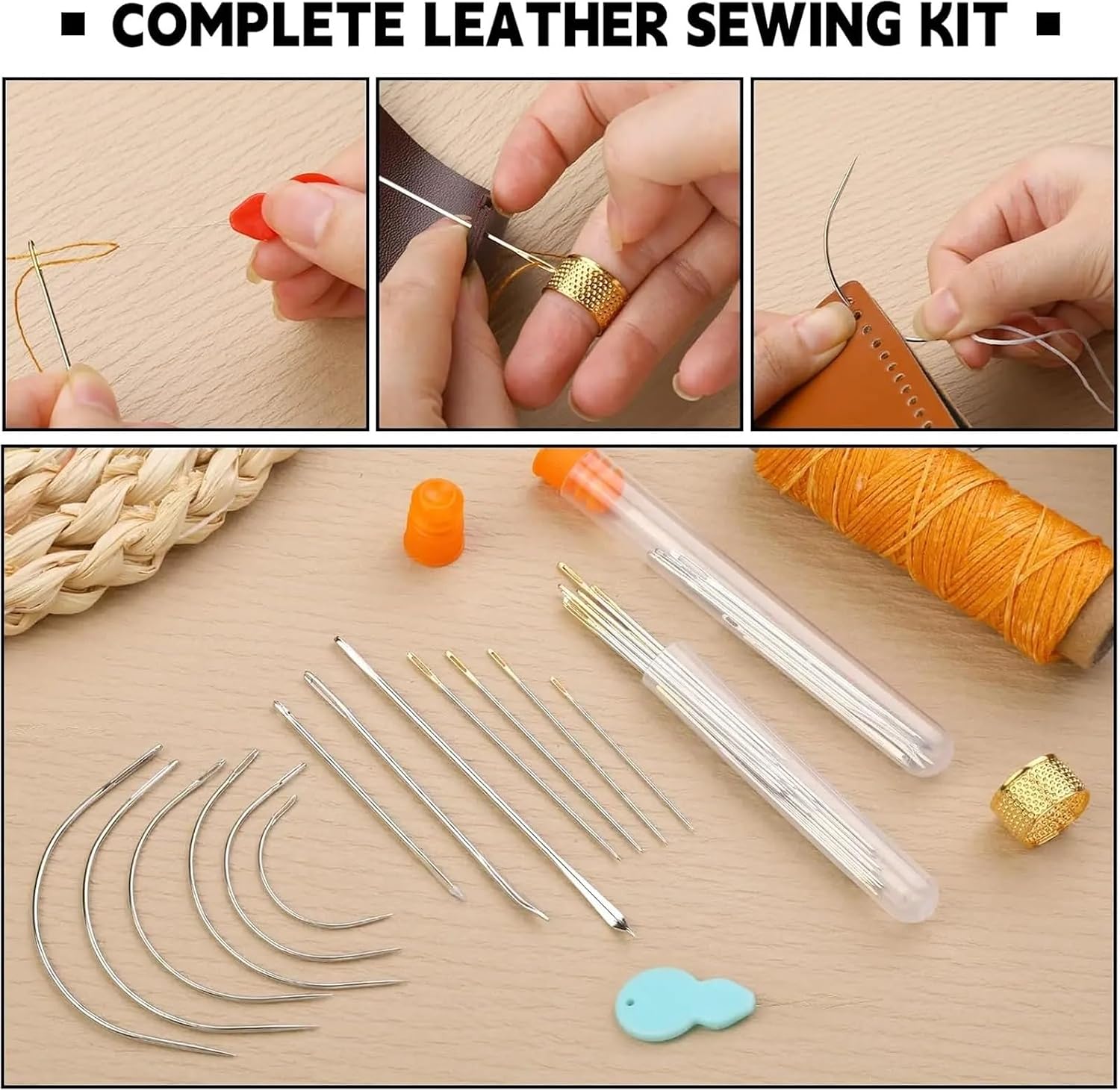 Gonehyu Sewing Tool Set Leather Sewing Kit Upholstery Repair Hand Stitching with Waxed Thread Needles Awl Leatherworking Tools for Carseat Sofa