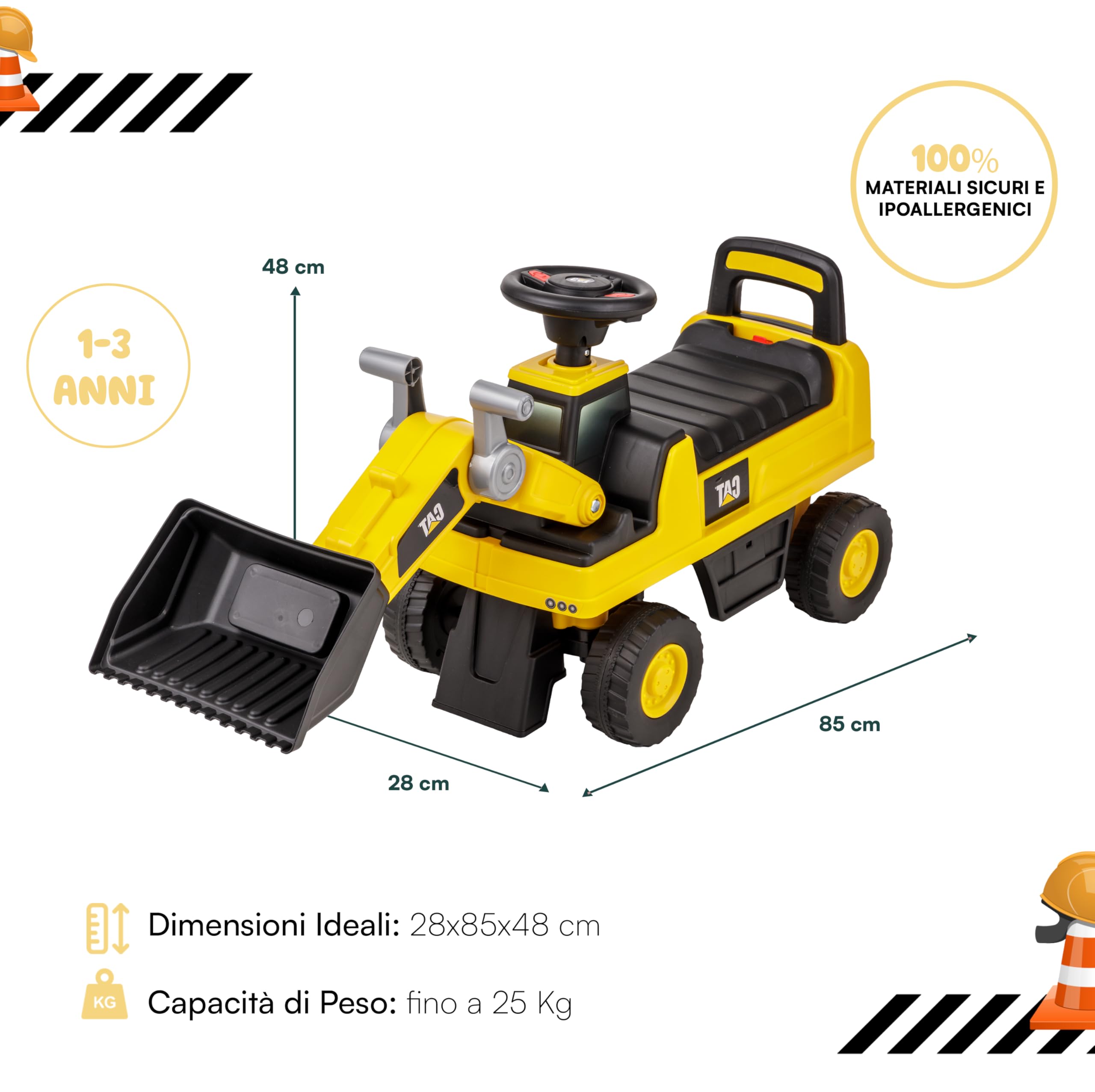 Baroni Toys Ruspa/Escavatore Cavalcabile per Bambini 1-3 Anni, con Licenza CATERPILLAR, Clacson Sonoro, Pala Mobile e Vano Portaoggetti, Dispositivo Antiribaltamento, 28x85x48cm