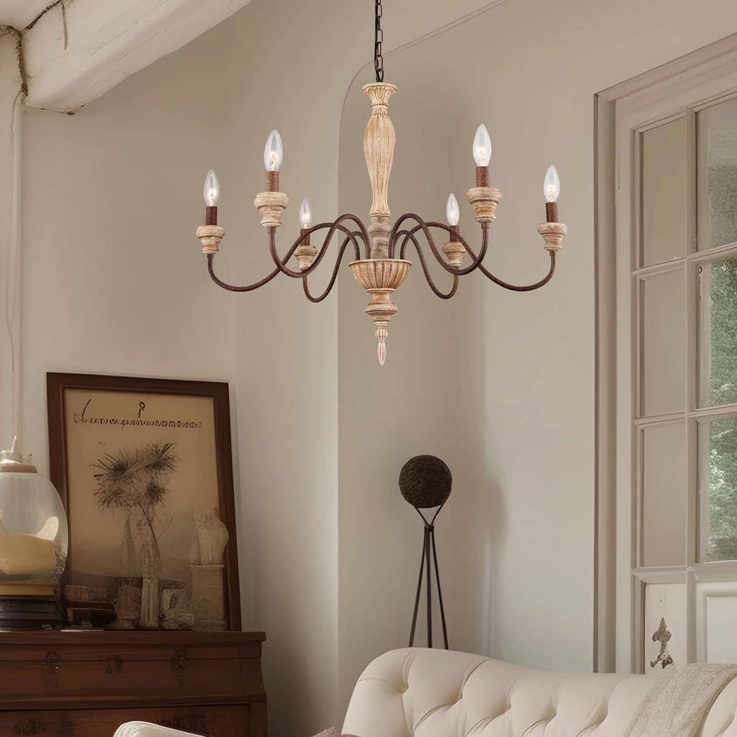 French Country Chandelier, Farmhouse 6-Lights Vintage Rustic Candle Style Chandelier Light Fixture, Retro Handmade Distressed Wood Chandelier for Dining Room, Living Room, Bedroom, E12