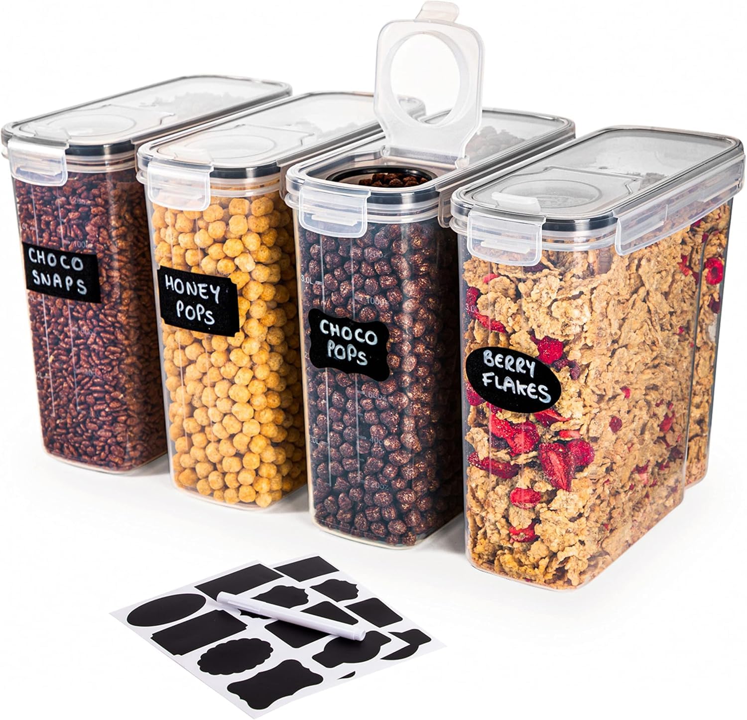 Nuovva Set Of Four Cereal Storage Containers – 4Pcs Set Plastic Food Storage Containers – Practical Cereal And Liquid Dispenser And Container – Food Grade And Bpa Free – Ideal For Cornflakes, Liquid Storage